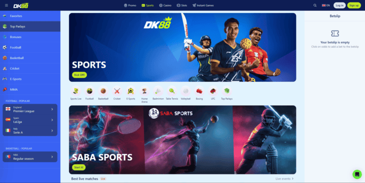 Halaman sportsbook Dashking88 dengan senarai acara, pasaran pertaruhan dan panel slip taruhan